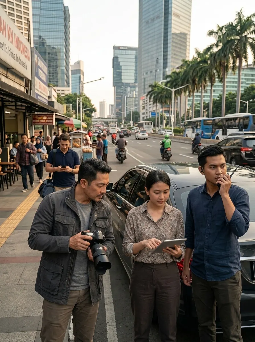 Investigation team on a Jakarta street with a surveillance vehicle